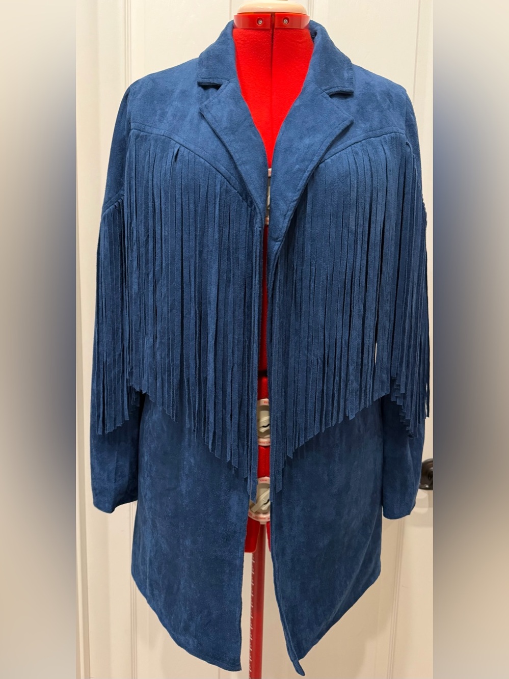 Buddy Love Dutton Fringe Jacket M Navy Faux Suede Western Duster Open Front